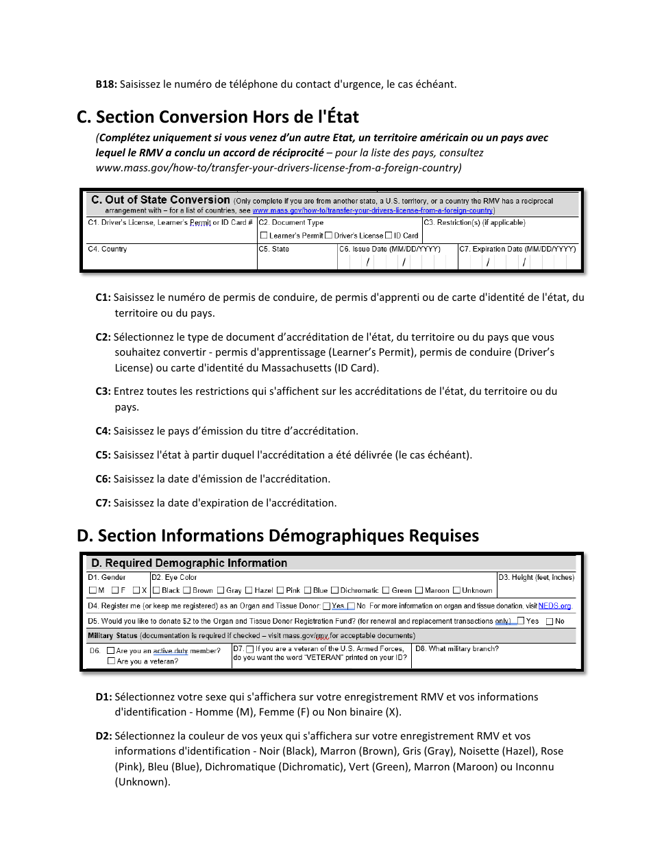 Instructions for Form LIC100 Drivers License, Learners Permit or Id Card Application - Massachusetts (French), Page 3