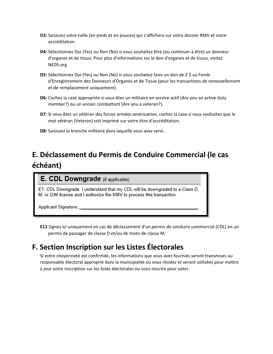 Instructions for Form LIC100 Drivers License, Learners Permit or Id Card Application - Massachusetts (French), Page 4