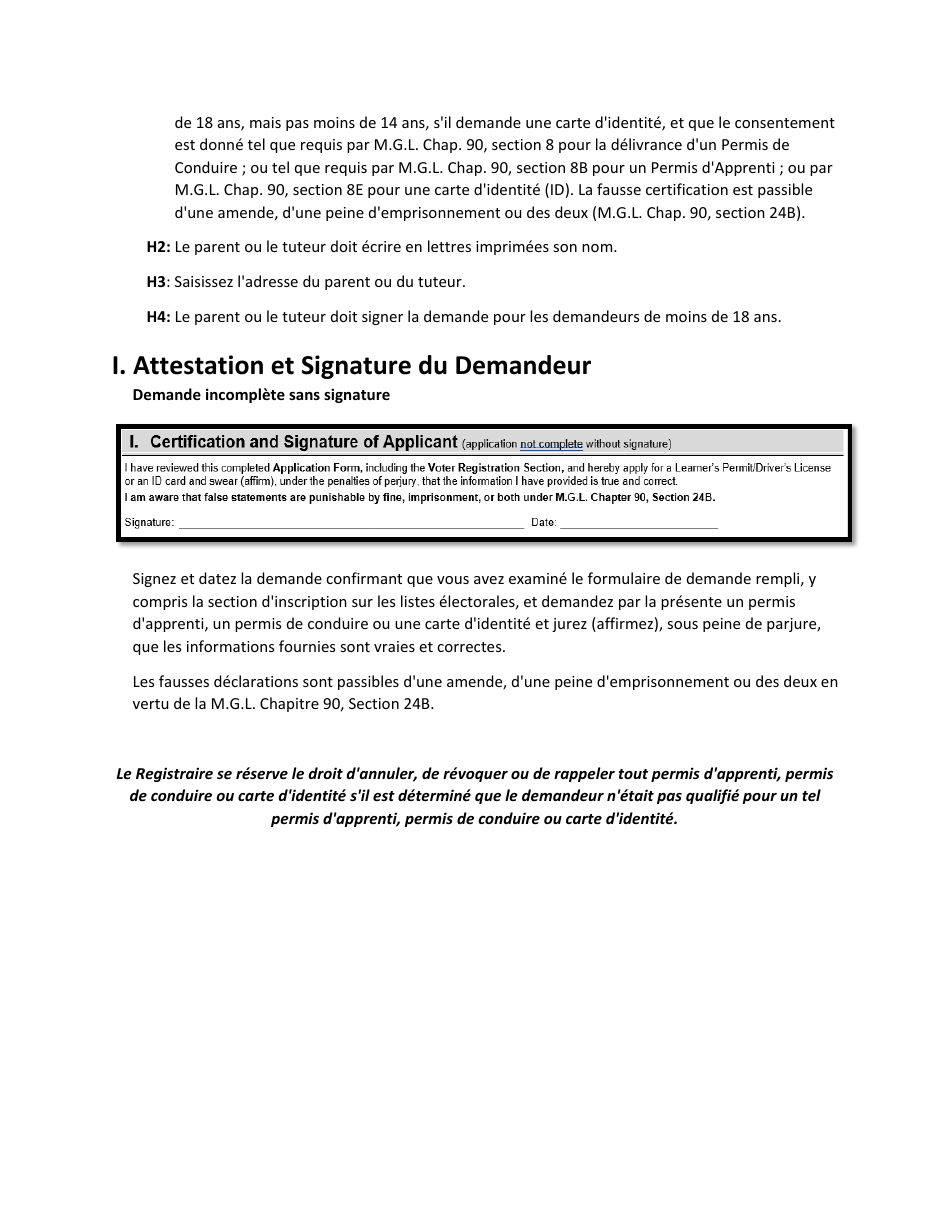 Instructions for Form LIC100 Drivers License, Learners Permit or Id Card Application - Massachusetts (French), Page 7