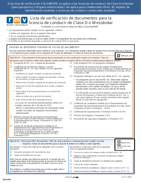 Formulario LIC115 Lista De Verificacion De Documentos Para La Licencia De Conducir De Clase D O M Estandar - Massachusetts (Spanish)