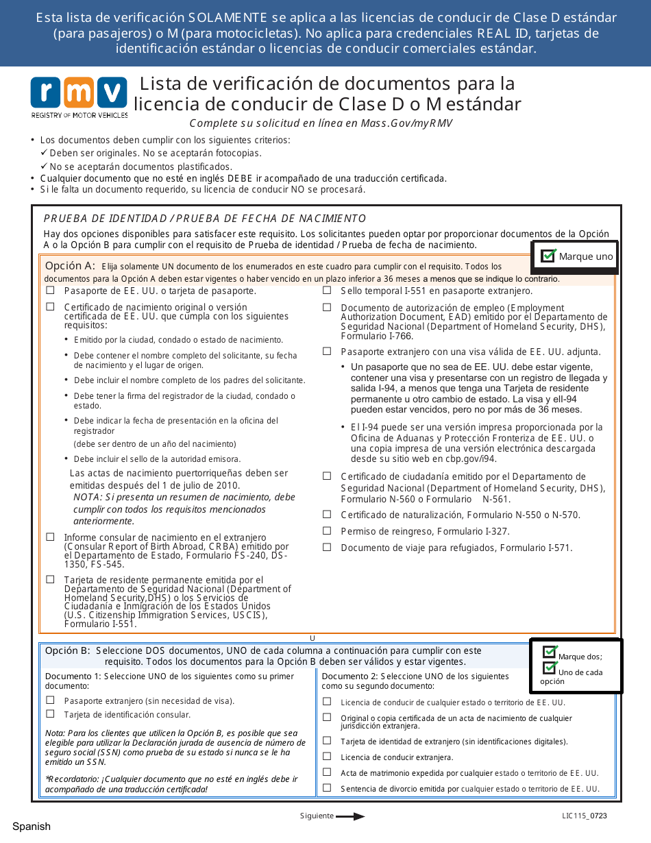 Formulario LIC115 Lista De Verificacion De Documentos Para La Licencia De Conducir De Clase D O M Estandar - Massachusetts (Spanish), Page 1
