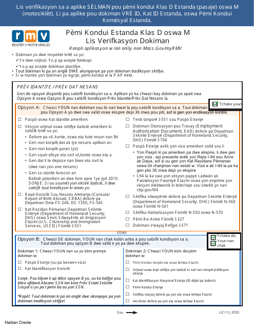 Form LIC115 Standard Class D or M Driver's License Documents Checklist - Massachusetts (Haitian Creole)