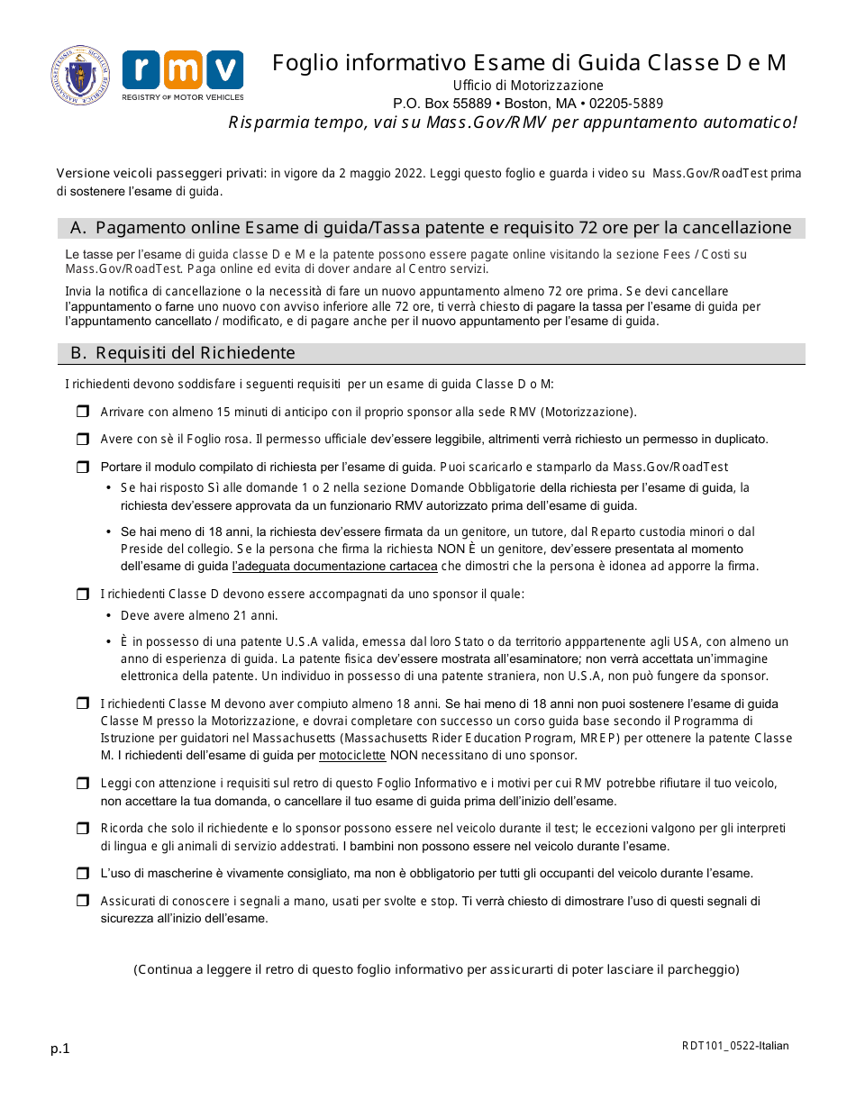 Form RDT101 Class D and M Road Test Information Sheet - Massachusetts (Italian), Page 1