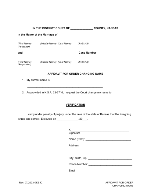 Affidavit for Order Changing Name - Kansas Download Pdf