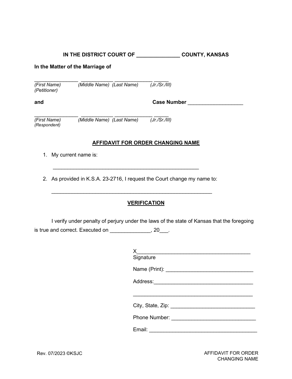 Affidavit for Order Changing Name - Kansas, Page 1