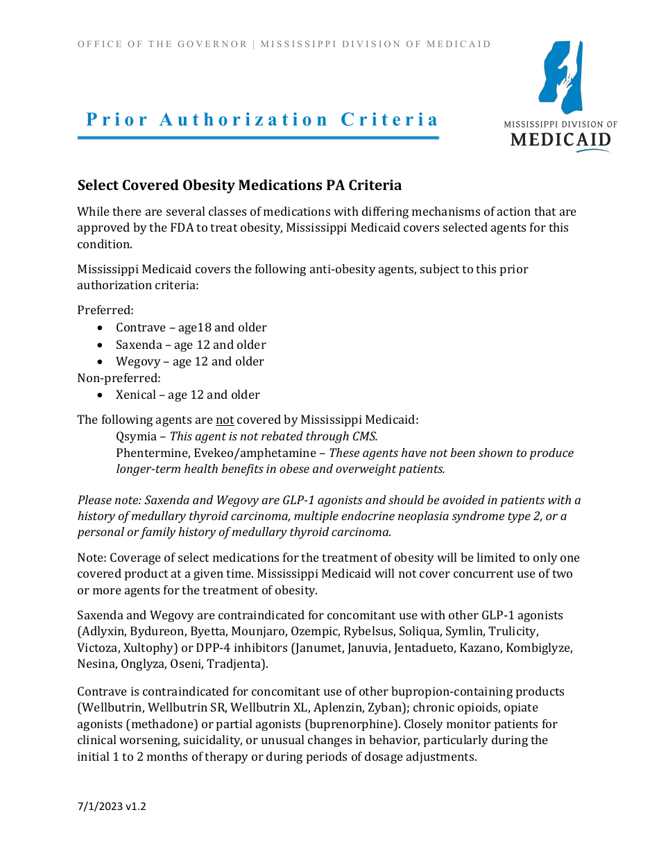 Prior Authorization Form - Anti-obesity Select Agents - Mississippi, Page 2
