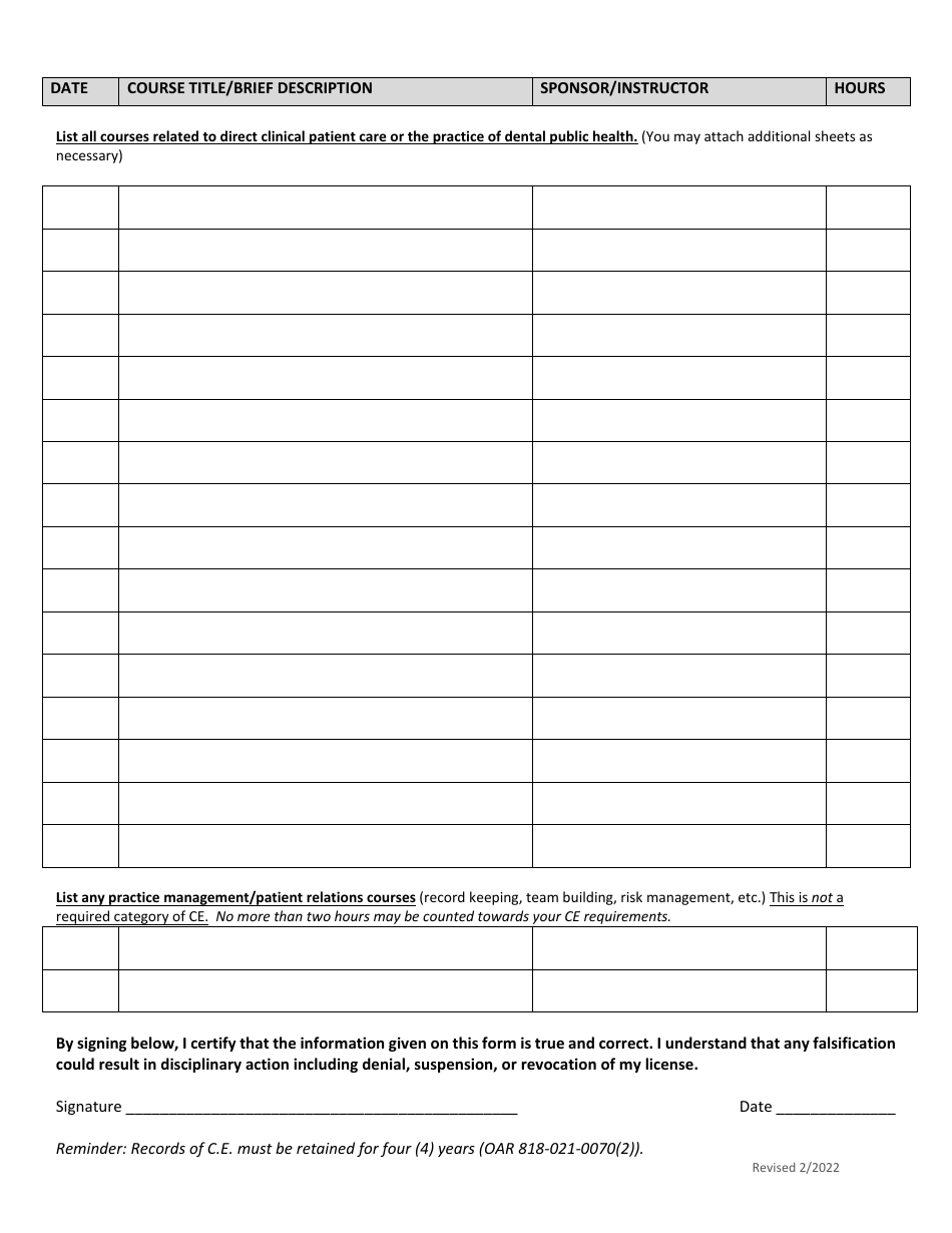 Oregon Dental Therapy Continuing Education Log - Fill Out, Sign Online ...