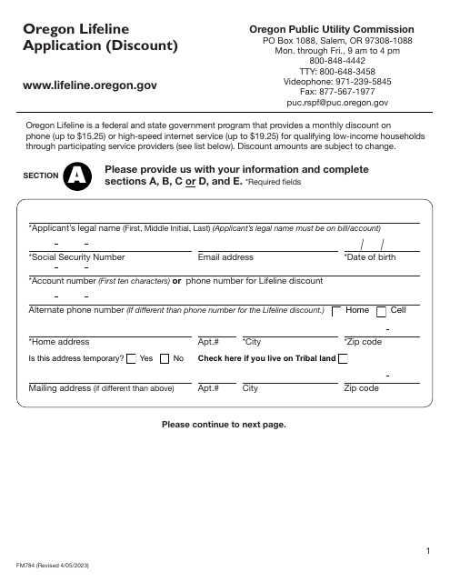 Form FM784 Oregon Lifeline Application (Discount) - Oregon
