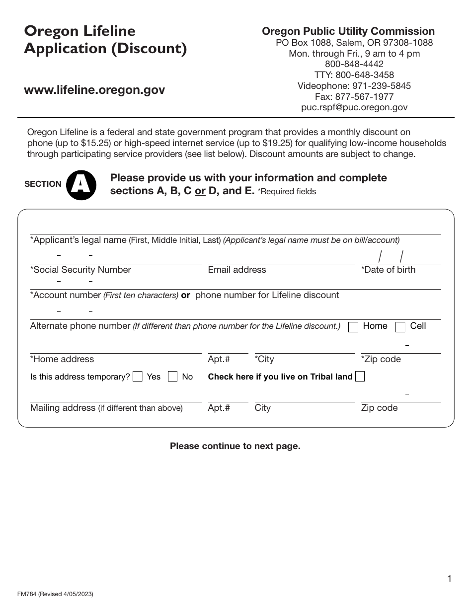 Form FM784 Oregon Lifeline Application (Discount) - Oregon, Page 1