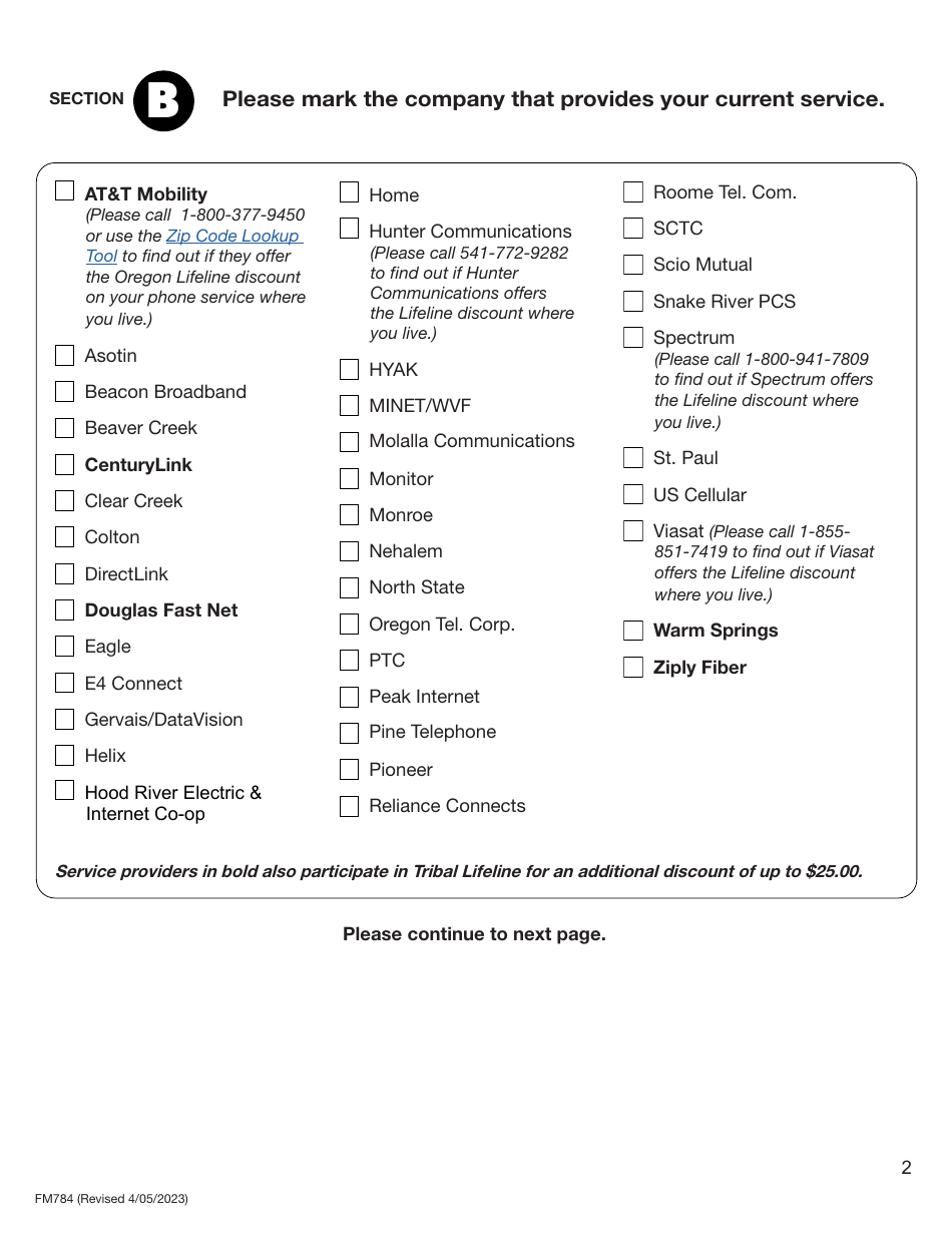 Form FM784 Oregon Lifeline Application (Discount) - Oregon, Page 2