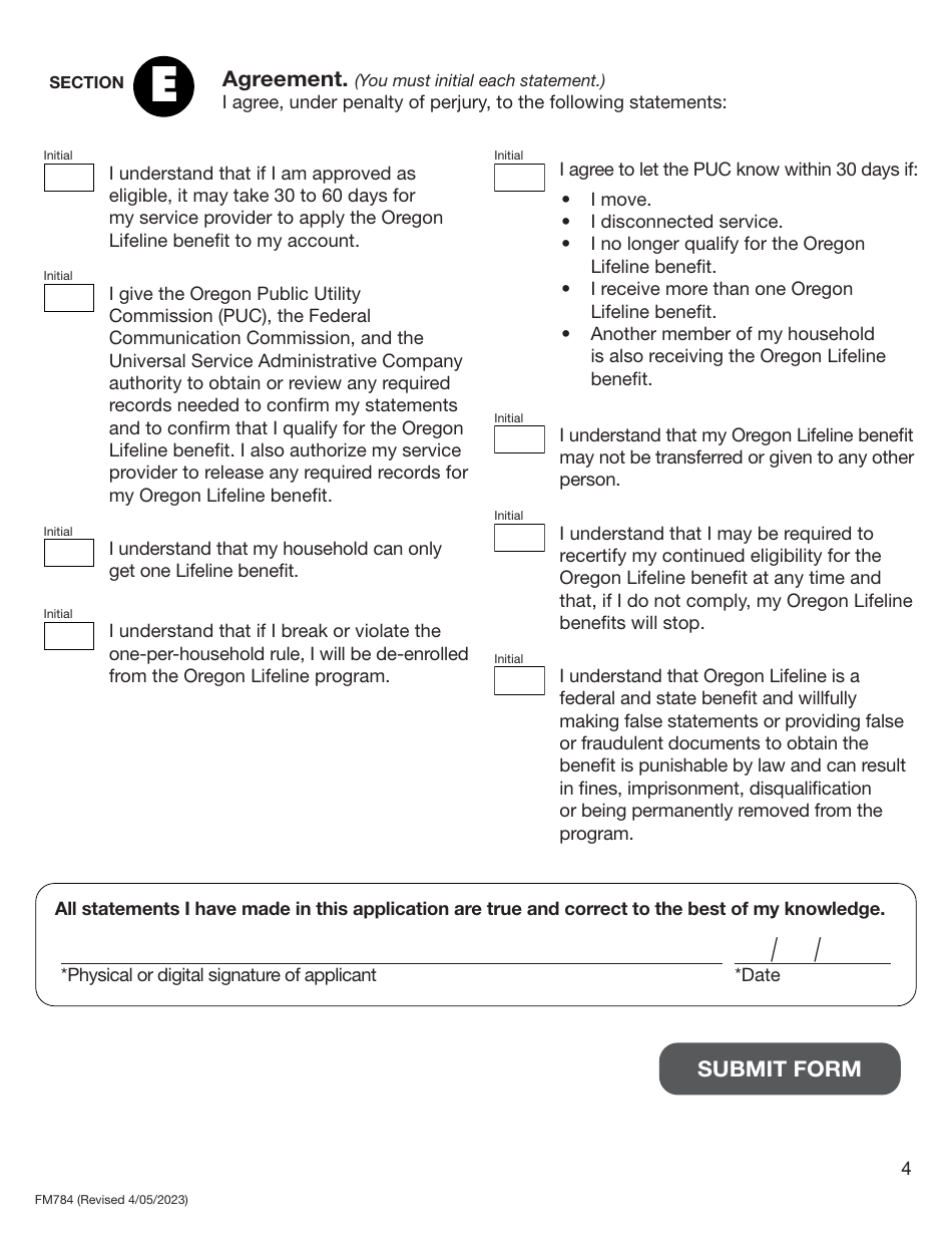 Form FM784 Oregon Lifeline Application (Discount) - Oregon, Page 4
