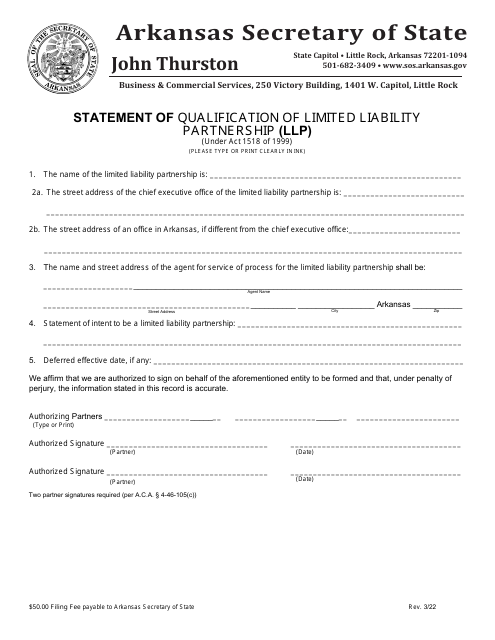 Statement of Qualification of Limited Liability Partnership (LLP ) - Arkansas Download Pdf
