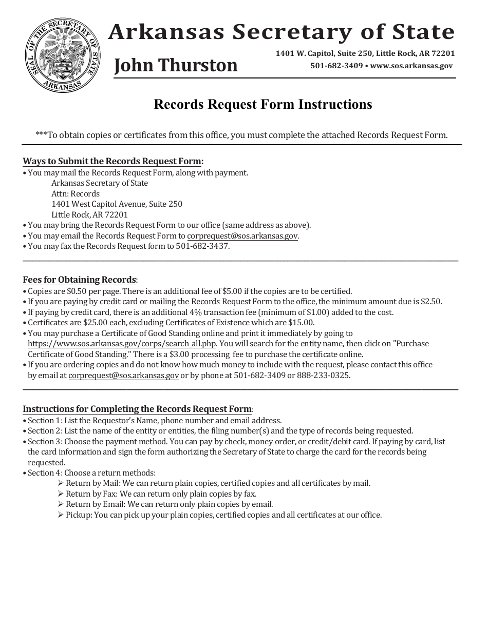 Records Request Form - Arkansas, Page 1