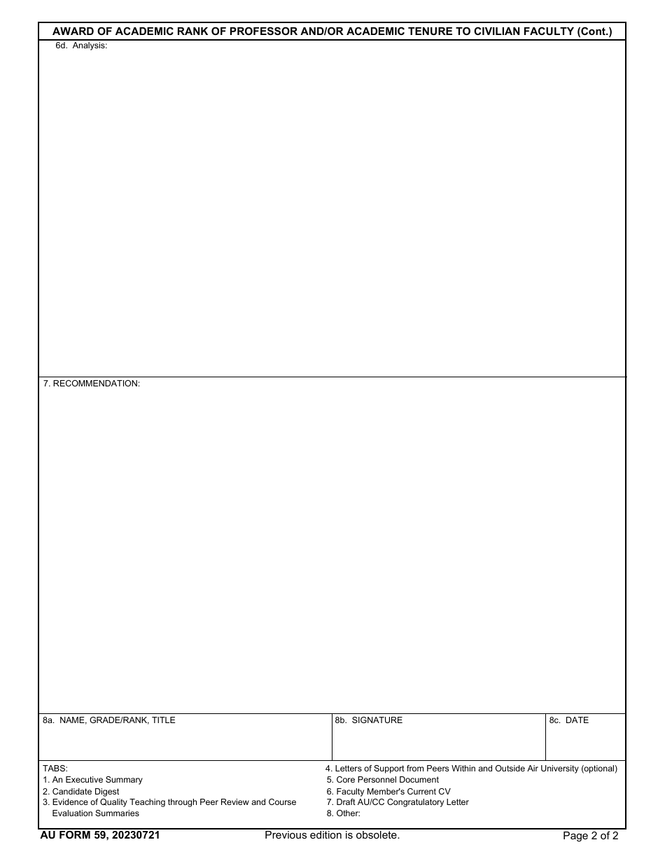 AU Form 59 Award of Academic Rank of Professor and / or Academic Tenure to Civilian Faculty, Page 2