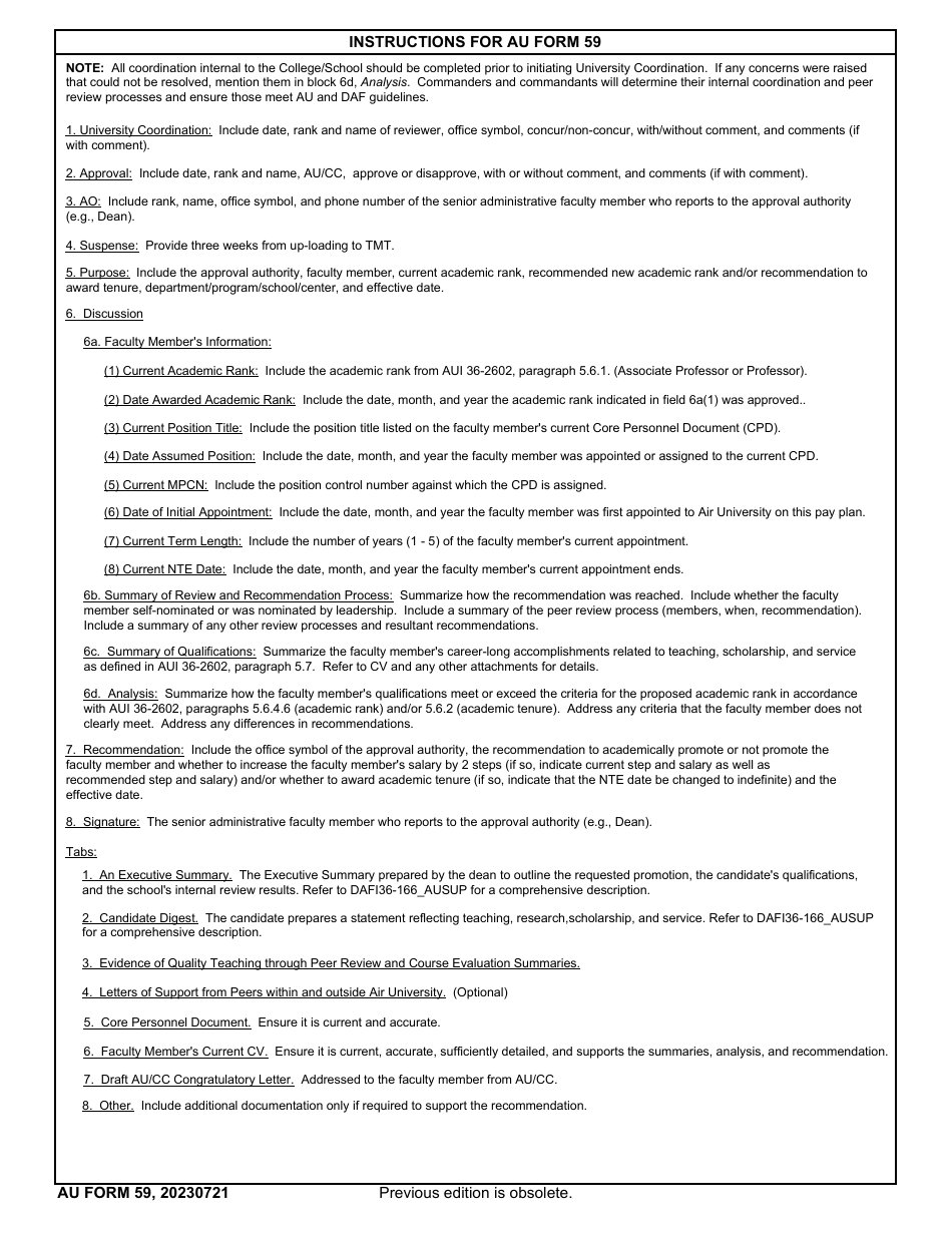 AU Form 59 Award of Academic Rank of Professor and / or Academic Tenure to Civilian Faculty, Page 3