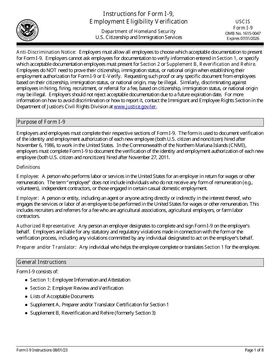 Instructions for USCIS Form I-9 Employment Eligibility Verification, Page 1