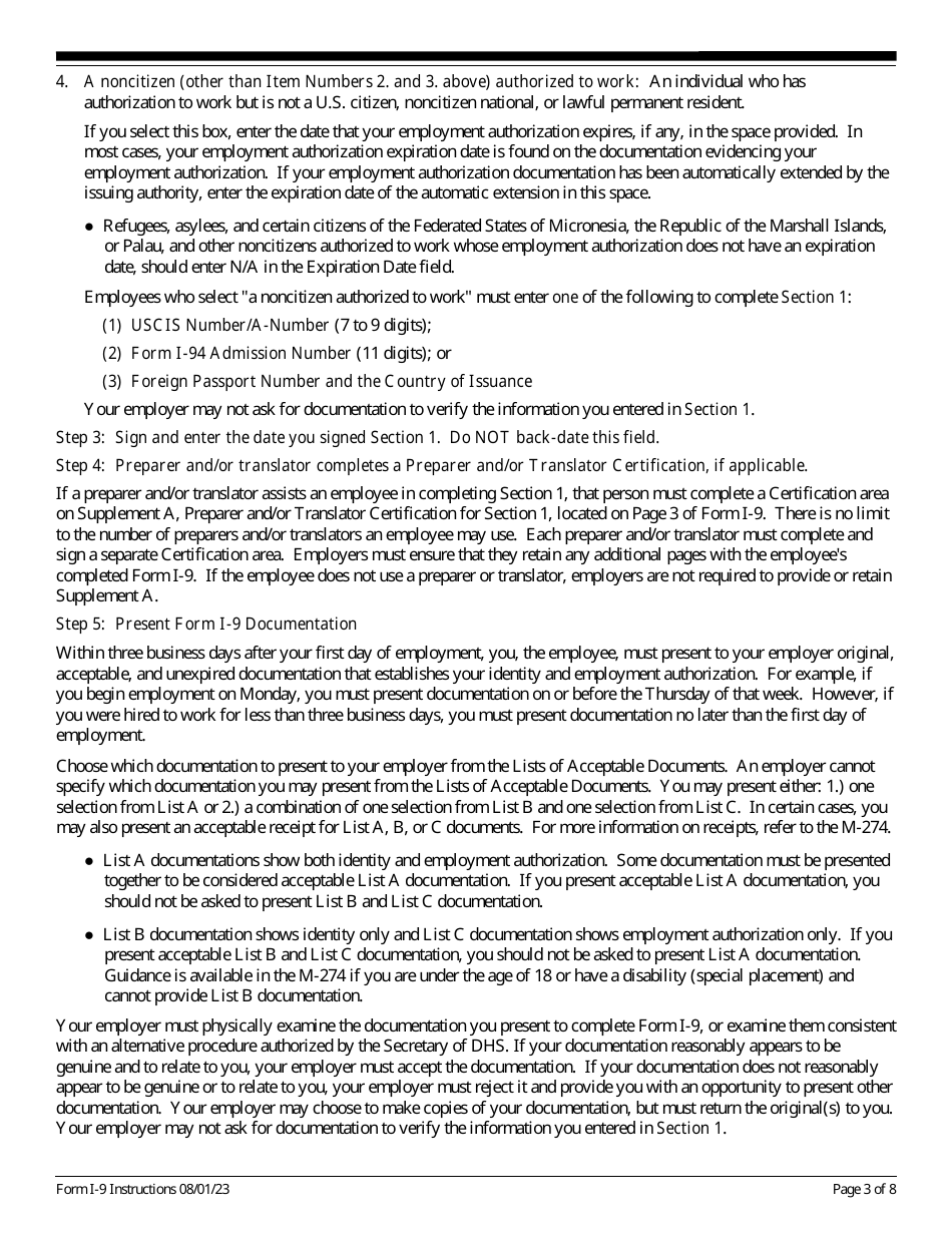Instructions for USCIS Form I-9 Employment Eligibility Verification, Page 3