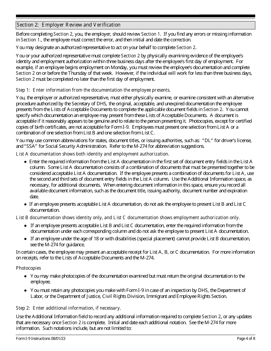 Instructions for USCIS Form I-9 Employment Eligibility Verification, Page 4