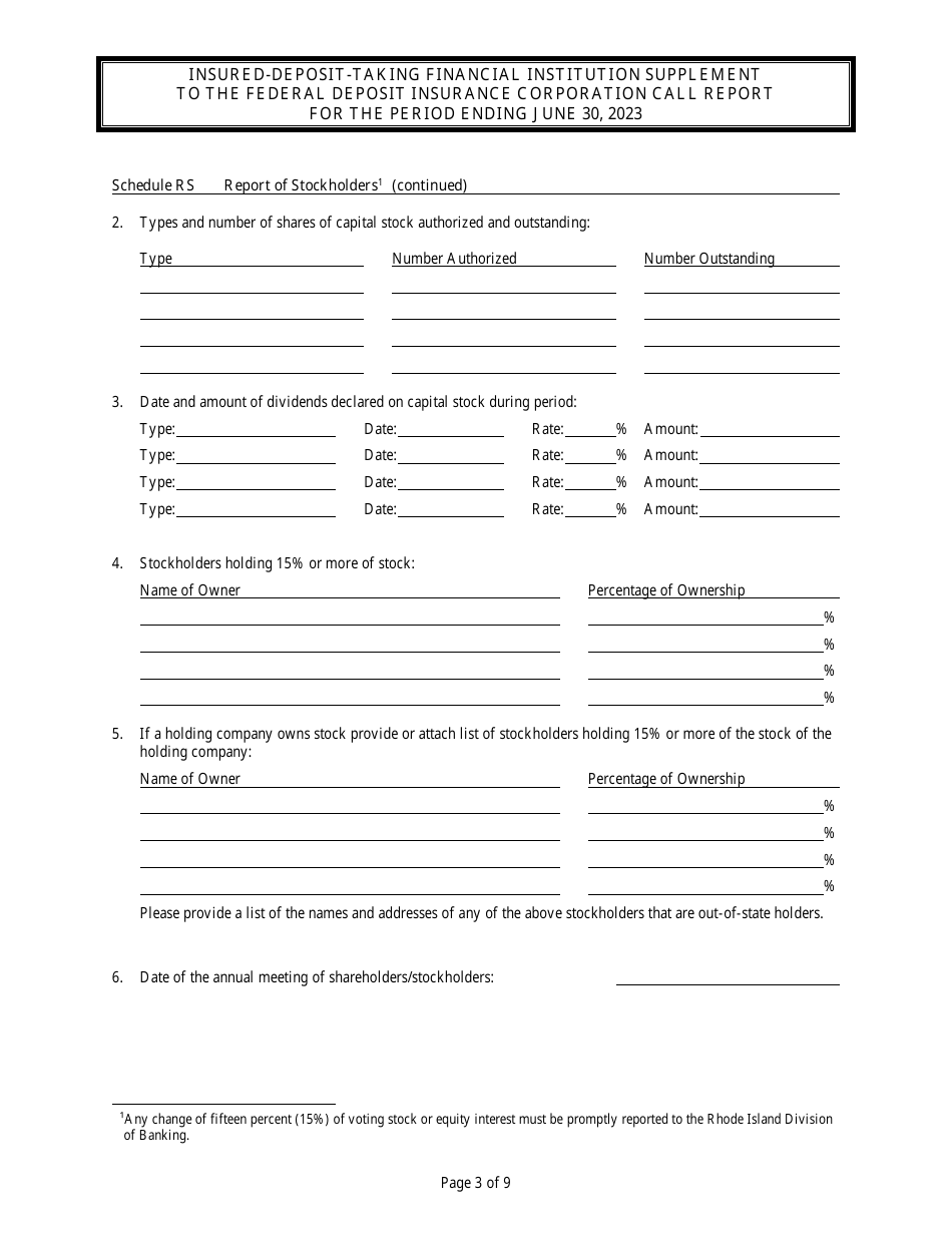 Insured Deposit Taking Financial Institution Call Report - Rhode Island, Page 3