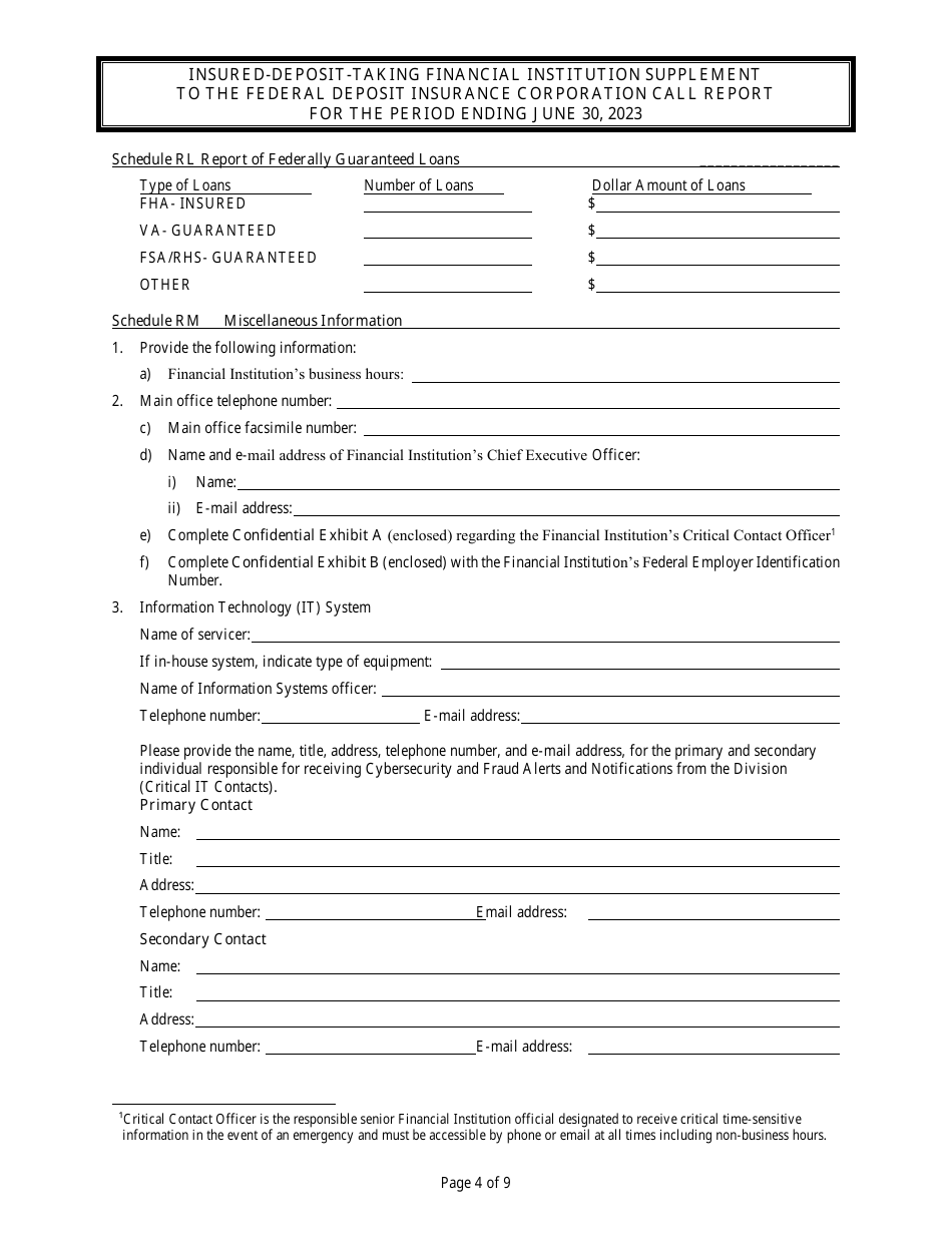 Insured Deposit Taking Financial Institution Call Report - Rhode Island, Page 4