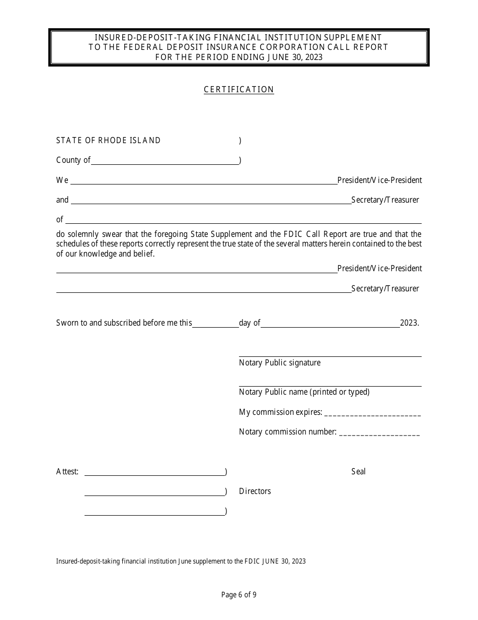 Insured Deposit Taking Financial Institution Call Report - Rhode Island, Page 6