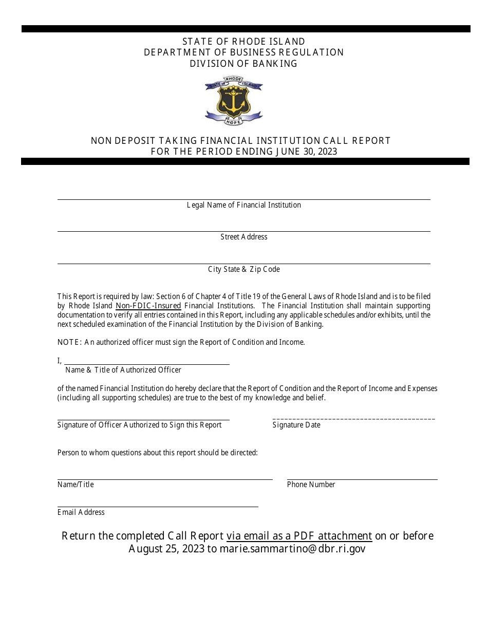 2023 Rhode Island Non Deposit Taking Financial Institution Call Report ...