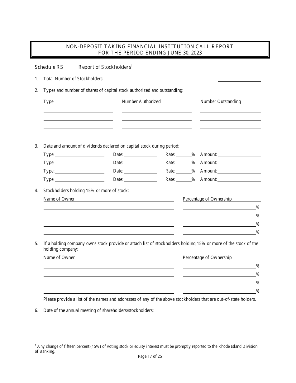 Non Deposit Taking Financial Institution Call Report - Rhode Island, Page 17