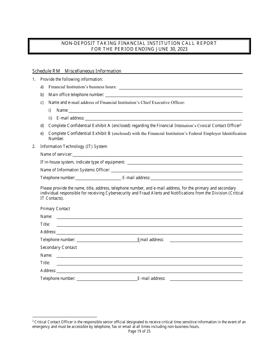 Non Deposit Taking Financial Institution Call Report - Rhode Island, Page 19