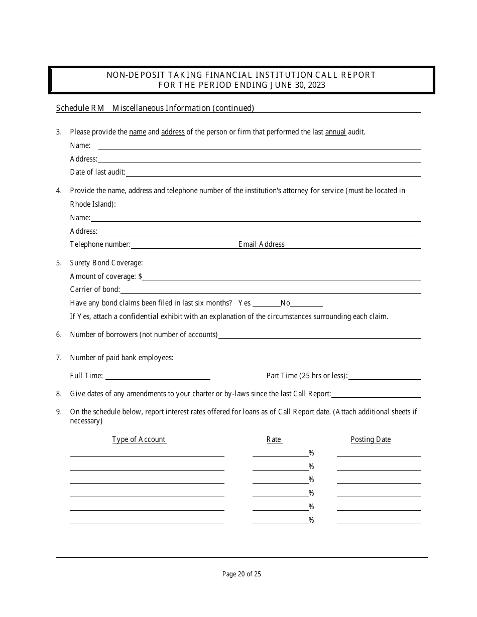 Non Deposit Taking Financial Institution Call Report - Rhode Island, Page 20