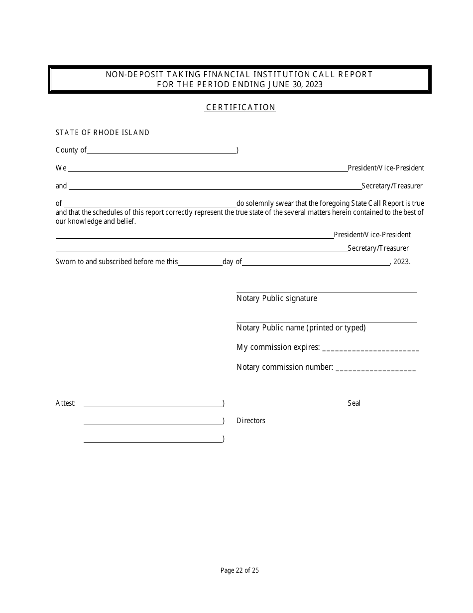 Non Deposit Taking Financial Institution Call Report - Rhode Island, Page 22