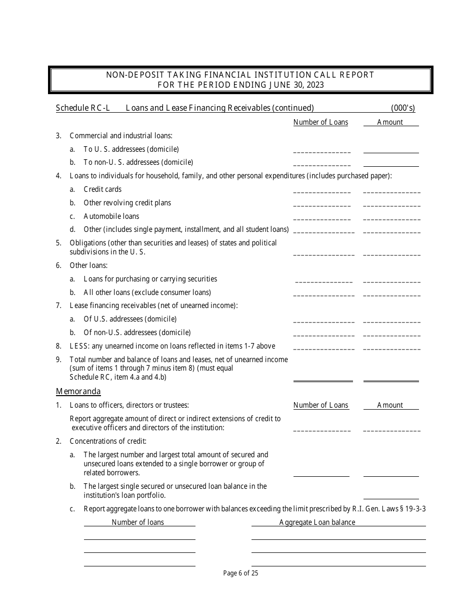 Non Deposit Taking Financial Institution Call Report - Rhode Island, Page 6