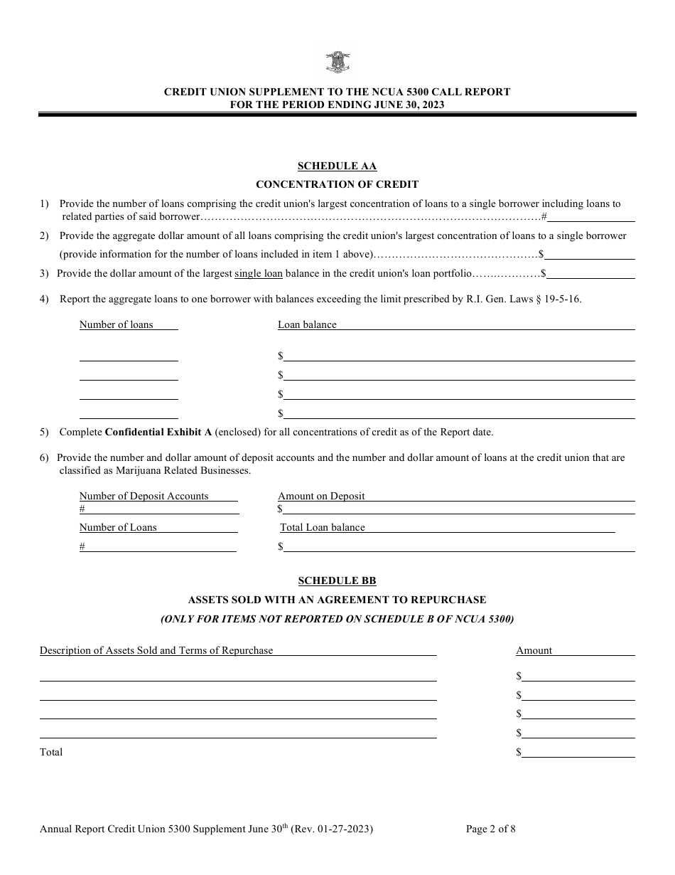 Credit Union Supplement to the Ncua 5300 Call Report - Rhode Island, Page 2