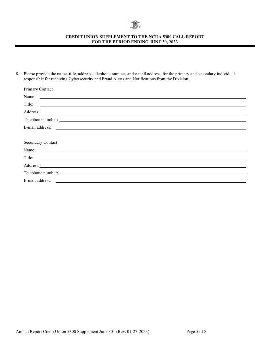 Credit Union Supplement to the Ncua 5300 Call Report - Rhode Island, Page 5