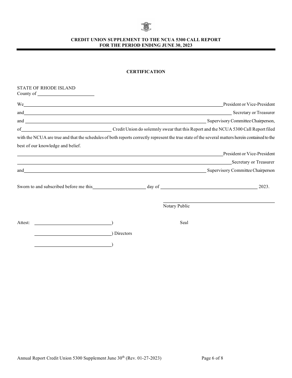 Credit Union Supplement to the Ncua 5300 Call Report - Rhode Island, Page 6