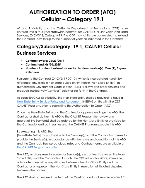 Authorization to Order (Ato) Cellular - Category 19.1 - at&t - California, 2025