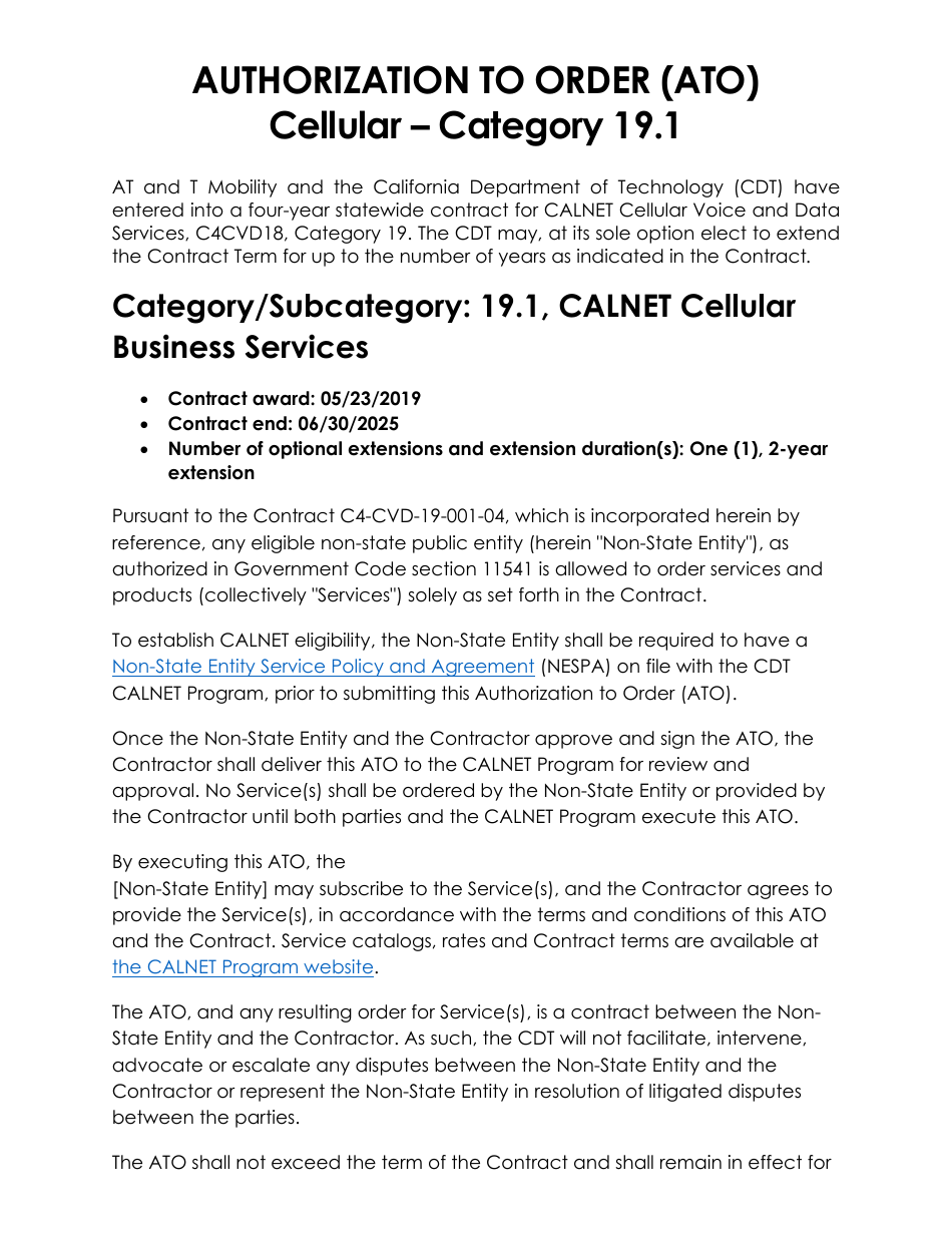 Authorization to Order (Ato) Cellular - Category 19.1 - att - California, Page 1