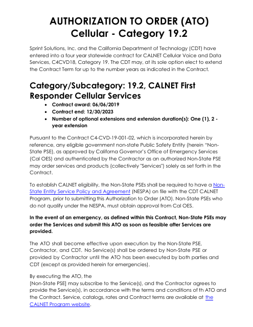 Authorization to Order (Ato) Cellular - Category 19.2 - Sprint - California Download Pdf