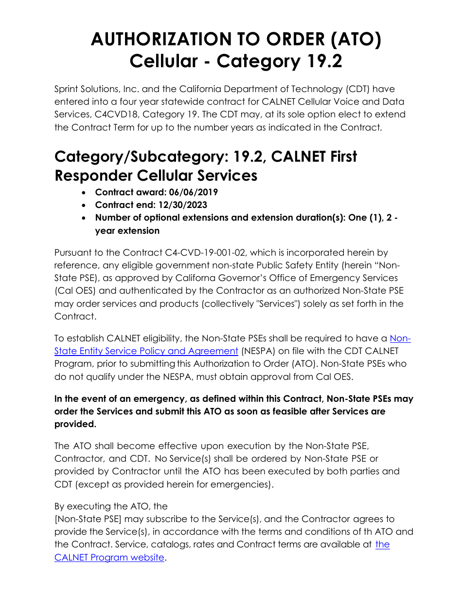 Authorization to Order (Ato) Cellular - Category 19.2 - Sprint - California, Page 1