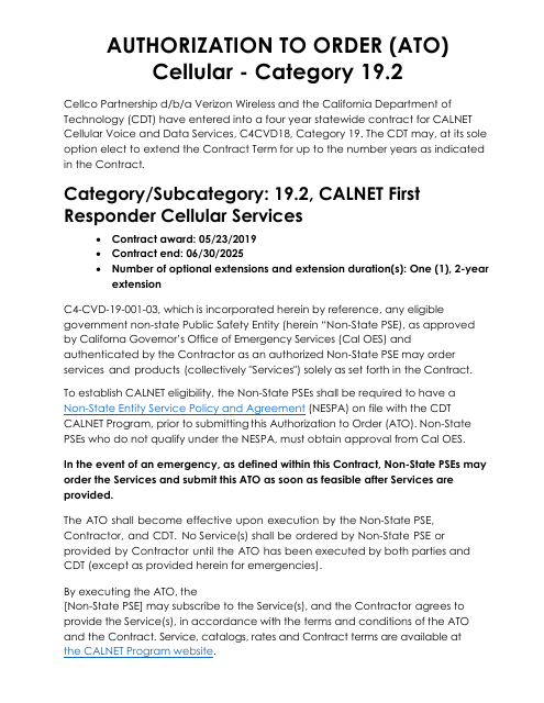 Authorization to Order (Ato) Cellular - Category 19.2 - Verizon - California, 2025