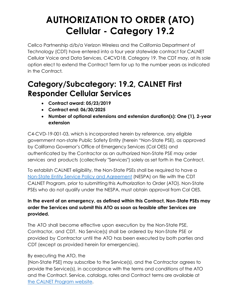 Authorization to Order (Ato) Cellular - Category 19.2 - Verizon - California, Page 1
