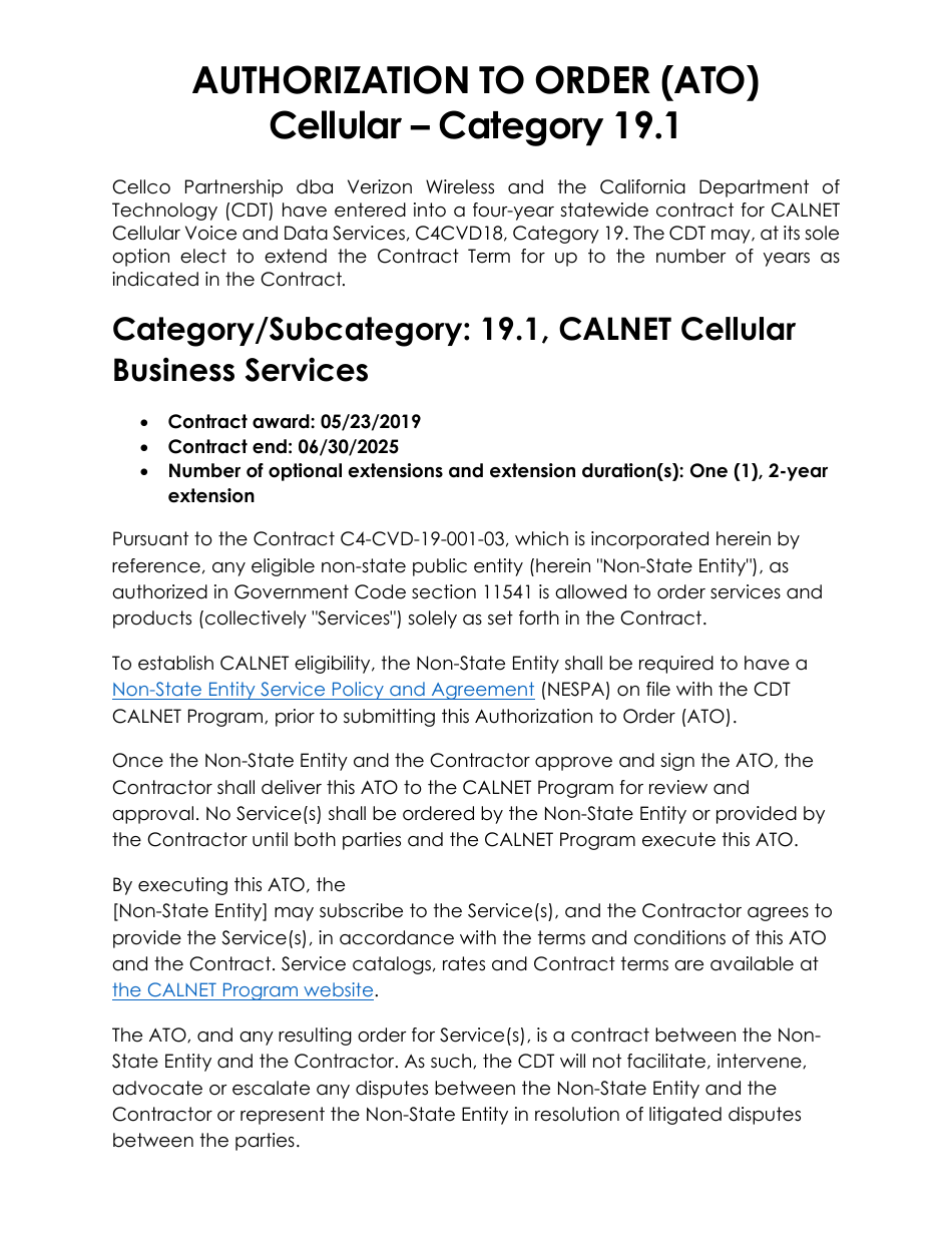 Authorization to Order (Ato) Cellular - Category 19.1 - Verizon - California, Page 1