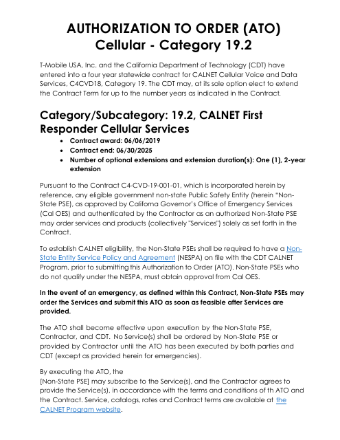 Authorization to Order (Ato) Cellular - Category 19.2 - T-Mobile - California, 2025