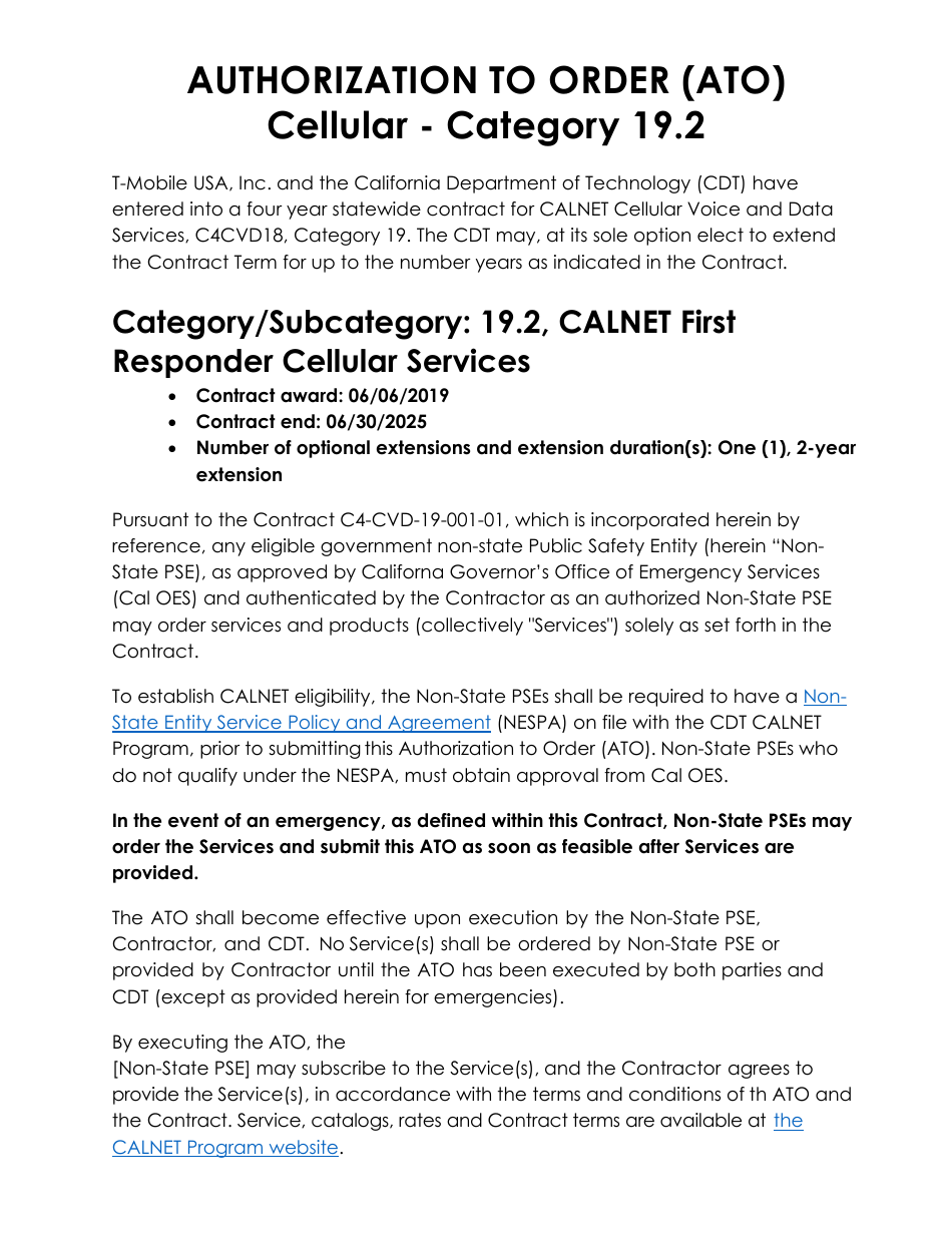 Authorization to Order (Ato) Cellular - Category 19.2 - T-Mobile - California, Page 1