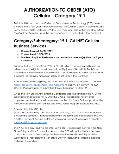 Authorization to Order (Ato) Cellular - Category 19.1 - T-Mobile - California Download Pdf