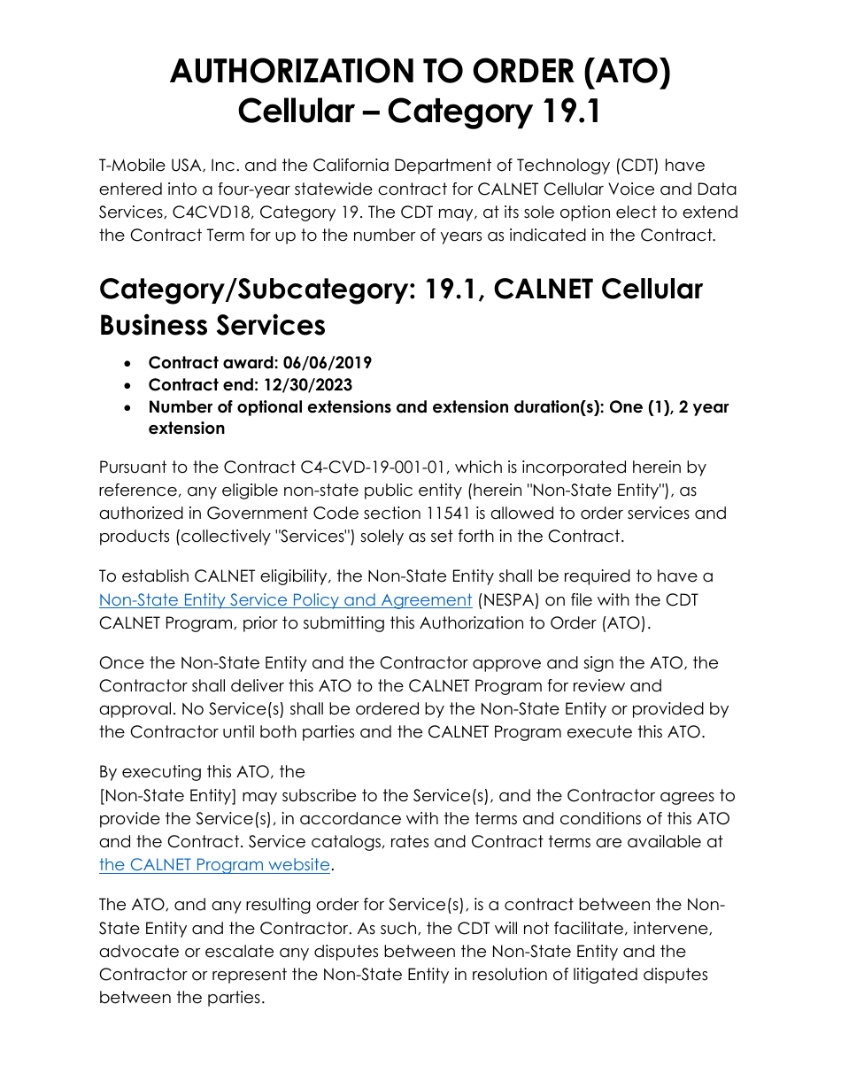 Authorization to Order (Ato) Cellular - Category 19.1 - T-Mobile - California, Page 1