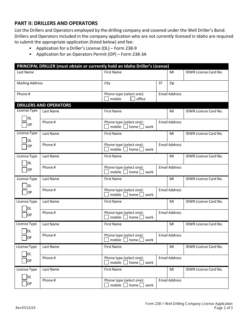 Form 238-1 Application for Idaho Well Drilling Company License - Idaho, Page 3
