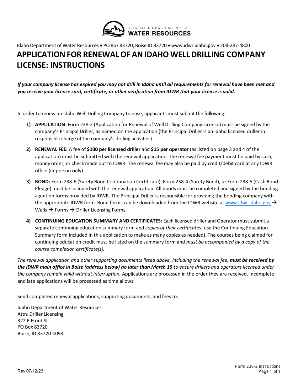 Form 238-2 Application for Renewal of an Idaho Well Drilling Company License - Idaho, Page 1