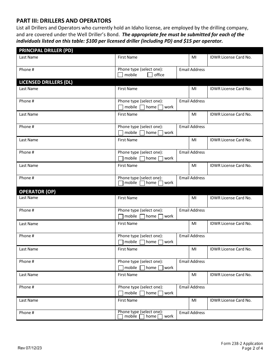 Form 238-2 Application for Renewal of an Idaho Well Drilling Company License - Idaho, Page 3