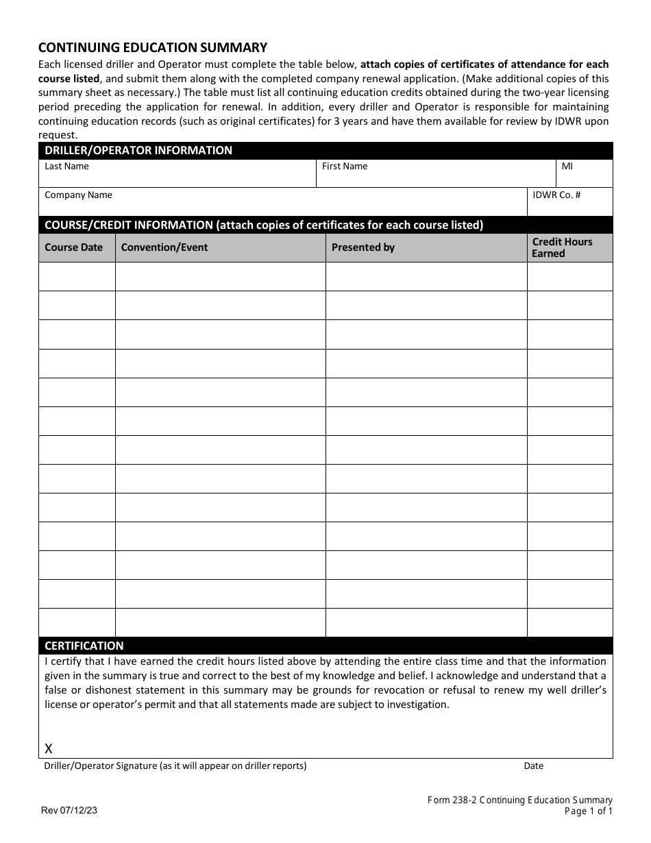Form 238-2 Application for Renewal of an Idaho Well Drilling Company License - Idaho, Page 6