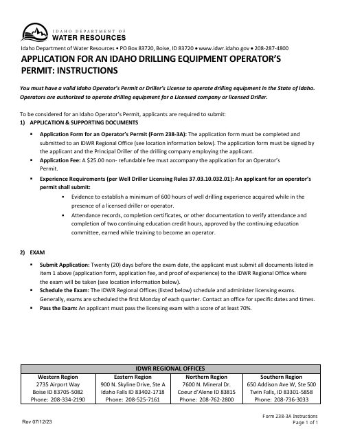 Form 238-3A Application for an Idaho Drilling Equipment Operator's Permit - Idaho